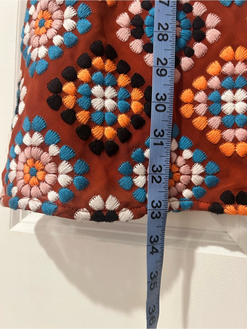 Anthropologie Rust & Boho Tile Embroidered Granny Square Midi Skirt - Picture 7 of 11